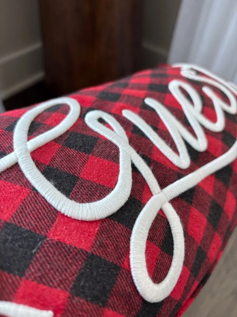 Merry Christmas Embroidered script,MERRY print, buffalo plaid trim,rectangle